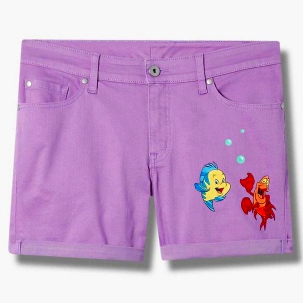 ❤️NWT TORRID DENIM SHORTS - DISNEY LITTLE MERMAID, SEBASTIAN, FLOUNDER - Picture 9 of 11